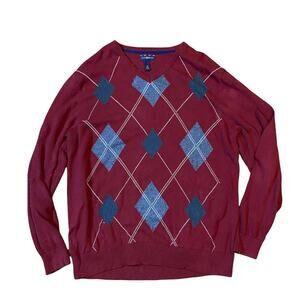 Club room argyle V Neck Sweater Mens Size XL Red maroon Gray White Academia